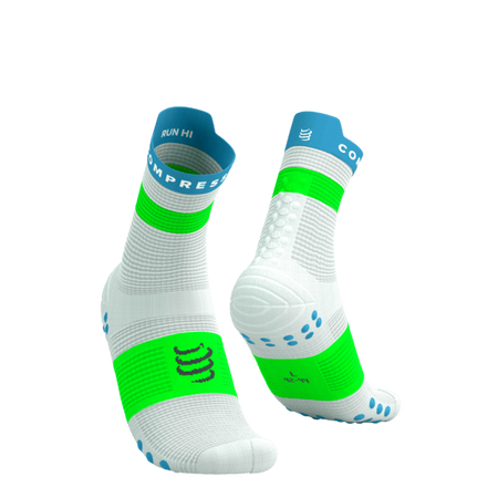 COMPRESSPORT Skarpetki do biegania wysokie PRORACING SOCKS V4 RUN HIGH white/norse blue/neon green