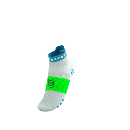 COMPRESSPORT Skarpetki do biegania krótkie PRORACING SOCKS V4 RUN LOW white/norse blue/neon green
